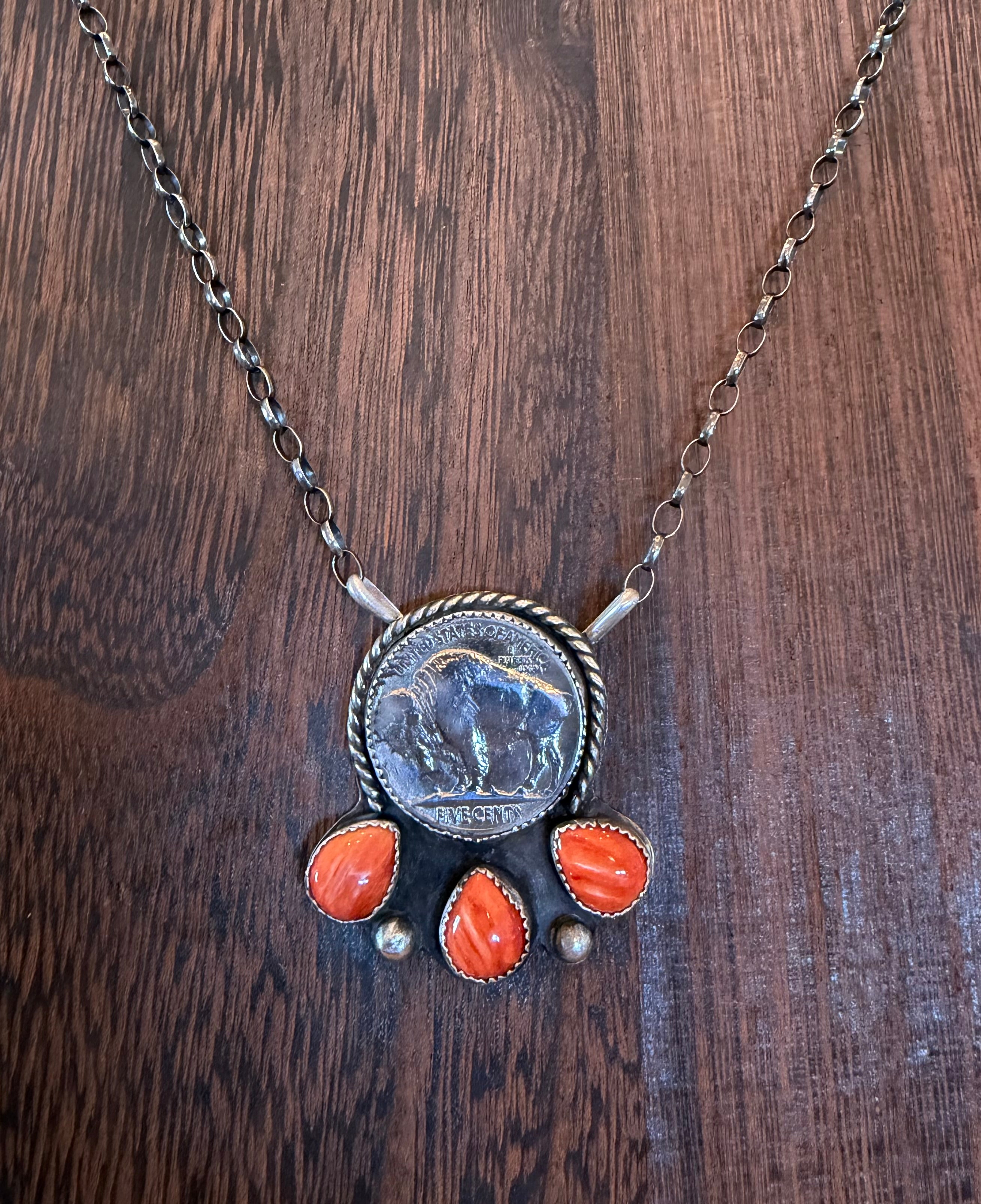 Buffalo nickel and Orange Spiny necklace